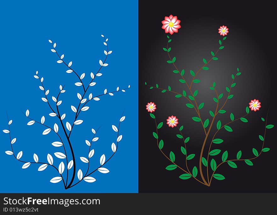 Trees with foliage and flowers. Two different trees on color background