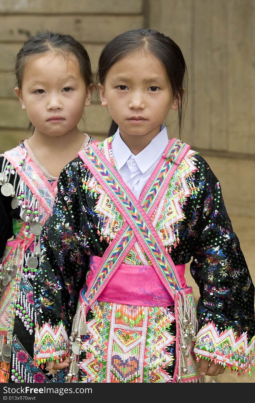 Laos Hmong girl in traditional clothes in the surroundings of Luang Prabang