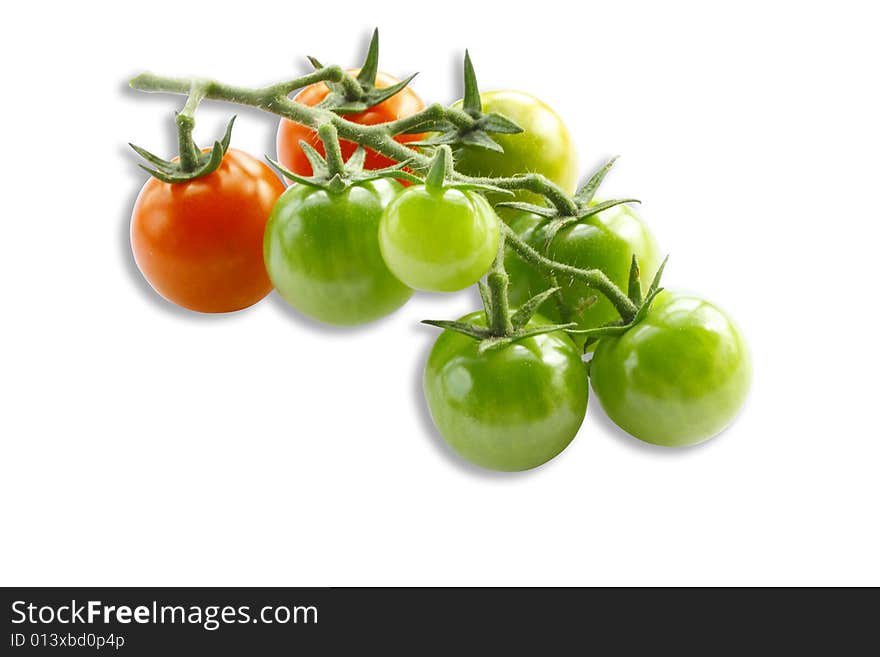 The cluster green and red a tomato is isolated on a white background. The cluster green and red a tomato is isolated on a white background