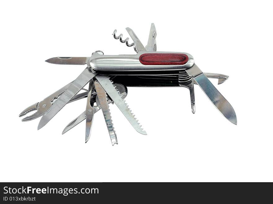 Penknife with the big tooling. It is isolated on a white background. Penknife with the big tooling. It is isolated on a white background