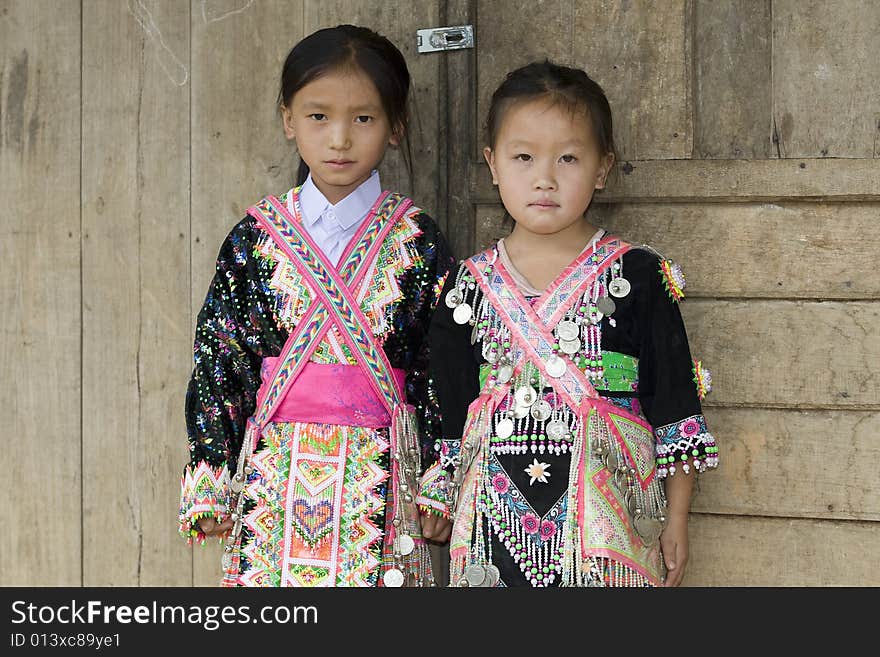 Laos Hmong girl in traditional clothes in the surroundings of Luang Prabang