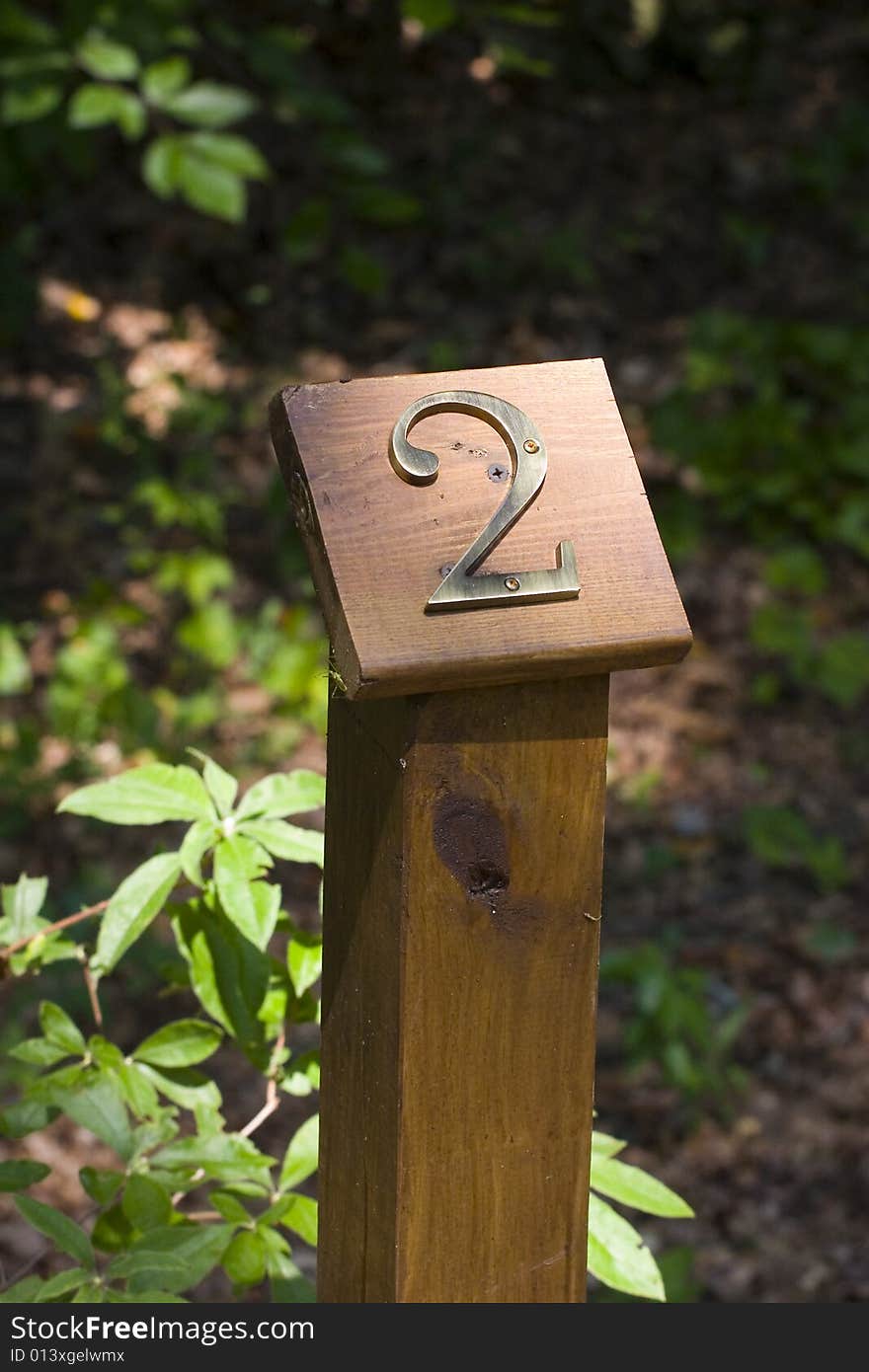 A wooden trail marker in a woodland park. A wooden trail marker in a woodland park