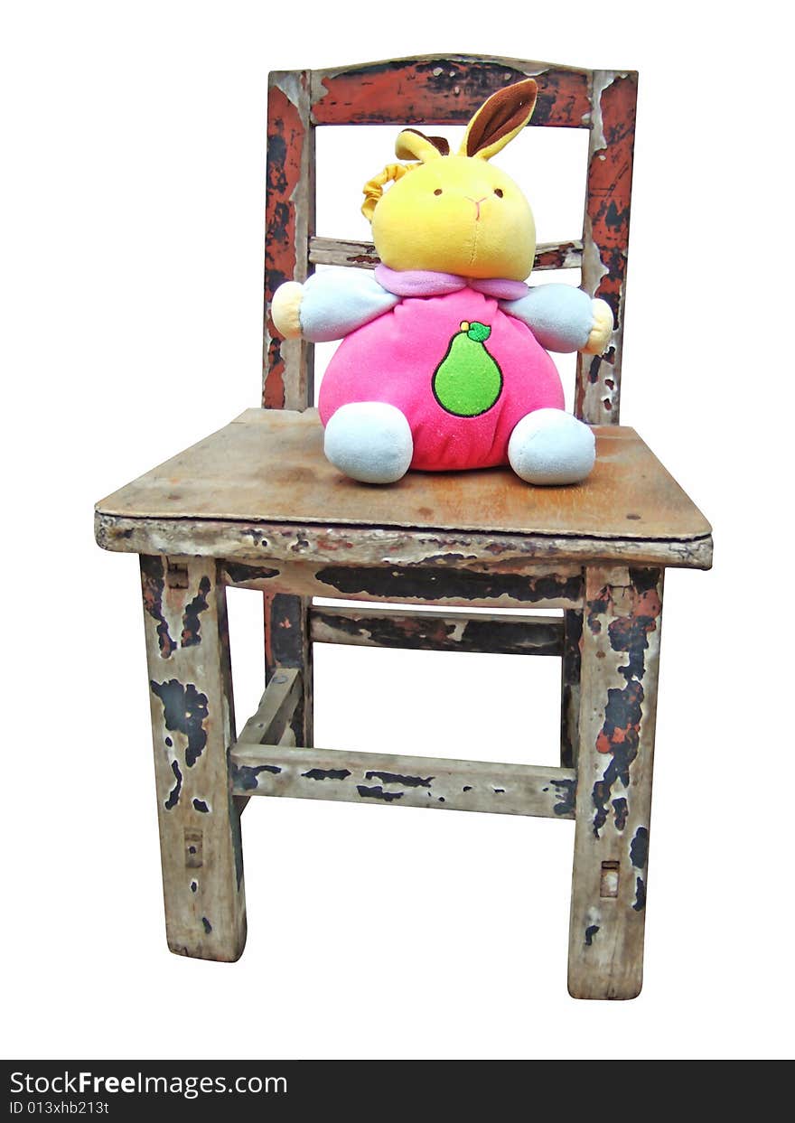 Rabbit Doll and Wooden Stool