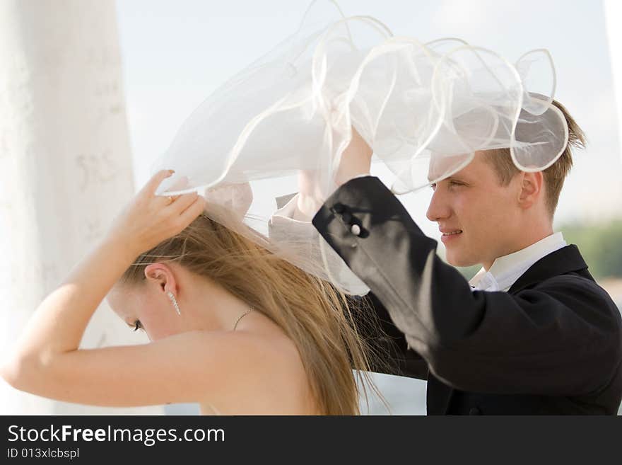 Colorful wedding shot of bride and groom. Colorful wedding shot of bride and groom