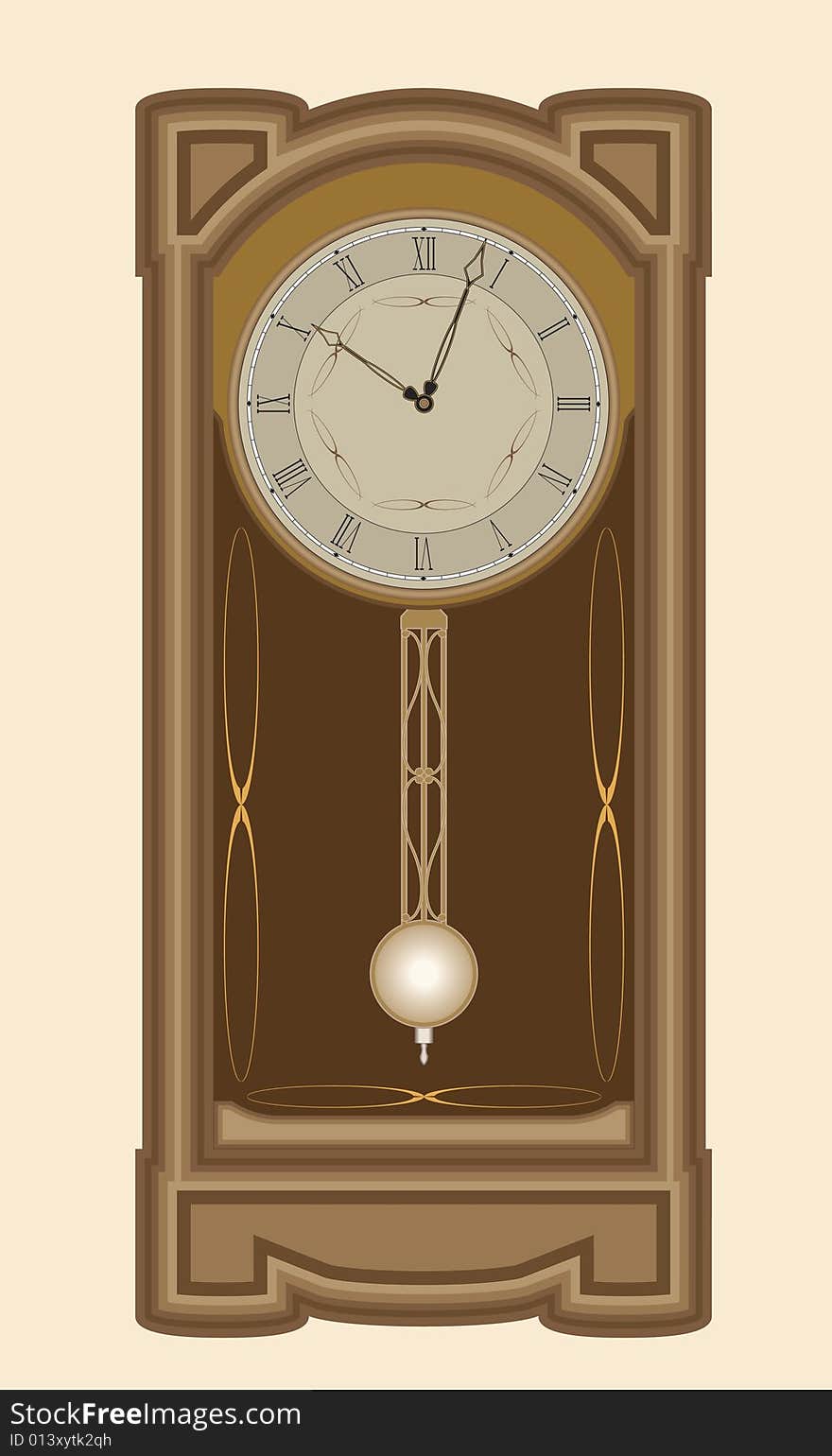 Brown wall-clock with roman numerals and pendulum. Brown wall-clock with roman numerals and pendulum