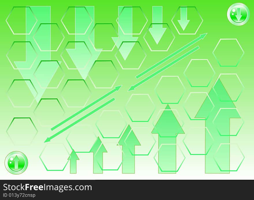 Vector drawing of green arrows on a green background down, and up