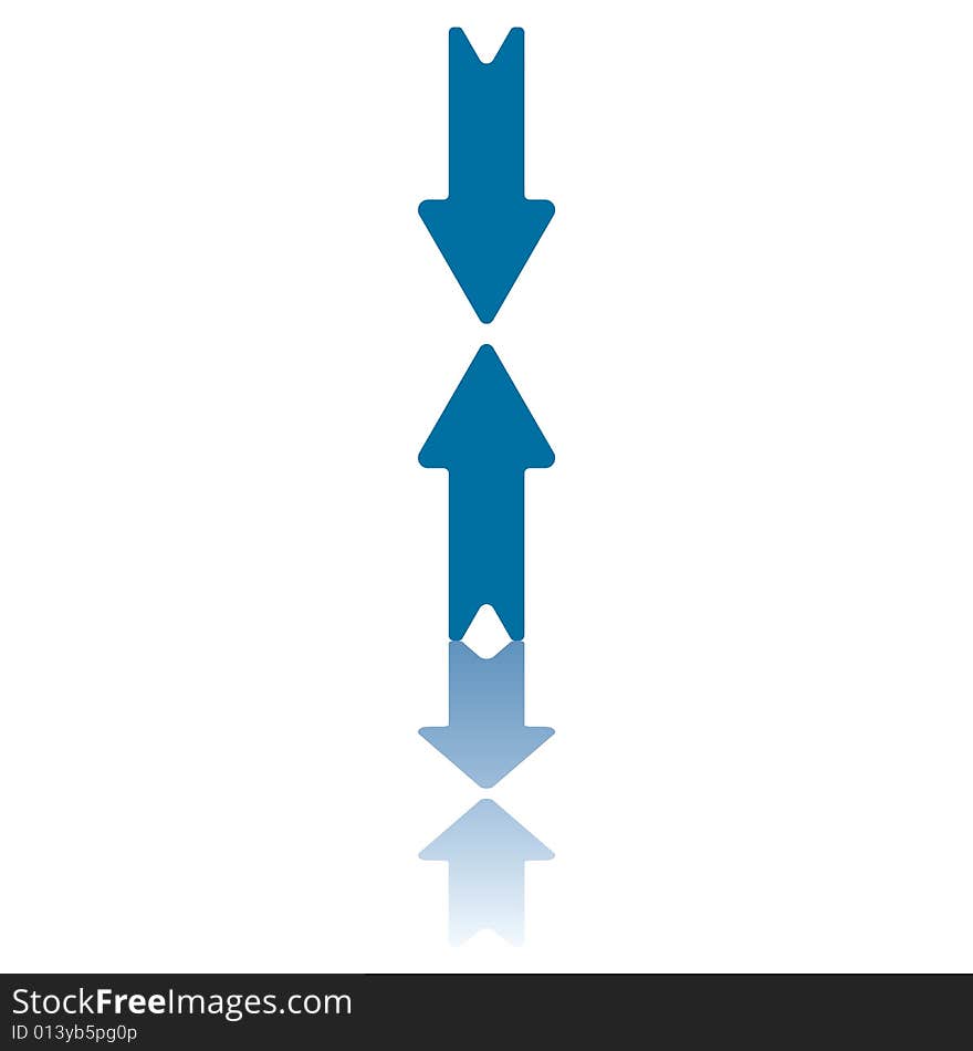 Two Aligned Vertical Arrows Pointing To Each Other and Reflecting on Bottom Plane. Two Aligned Vertical Arrows Pointing To Each Other and Reflecting on Bottom Plane