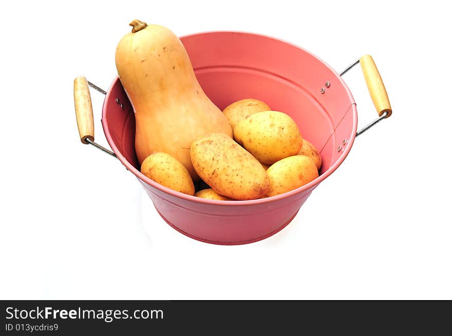 Vegetables in enamel bowl