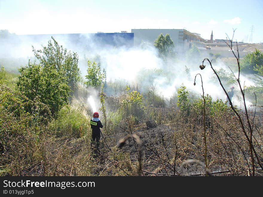 Fireman Fighting A Heath Fire In Gdansk, Poland