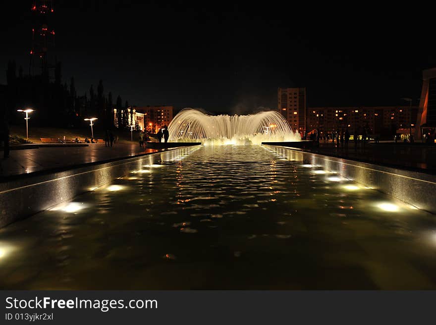 Night fountain of friendship in Ufa. Russian Federation