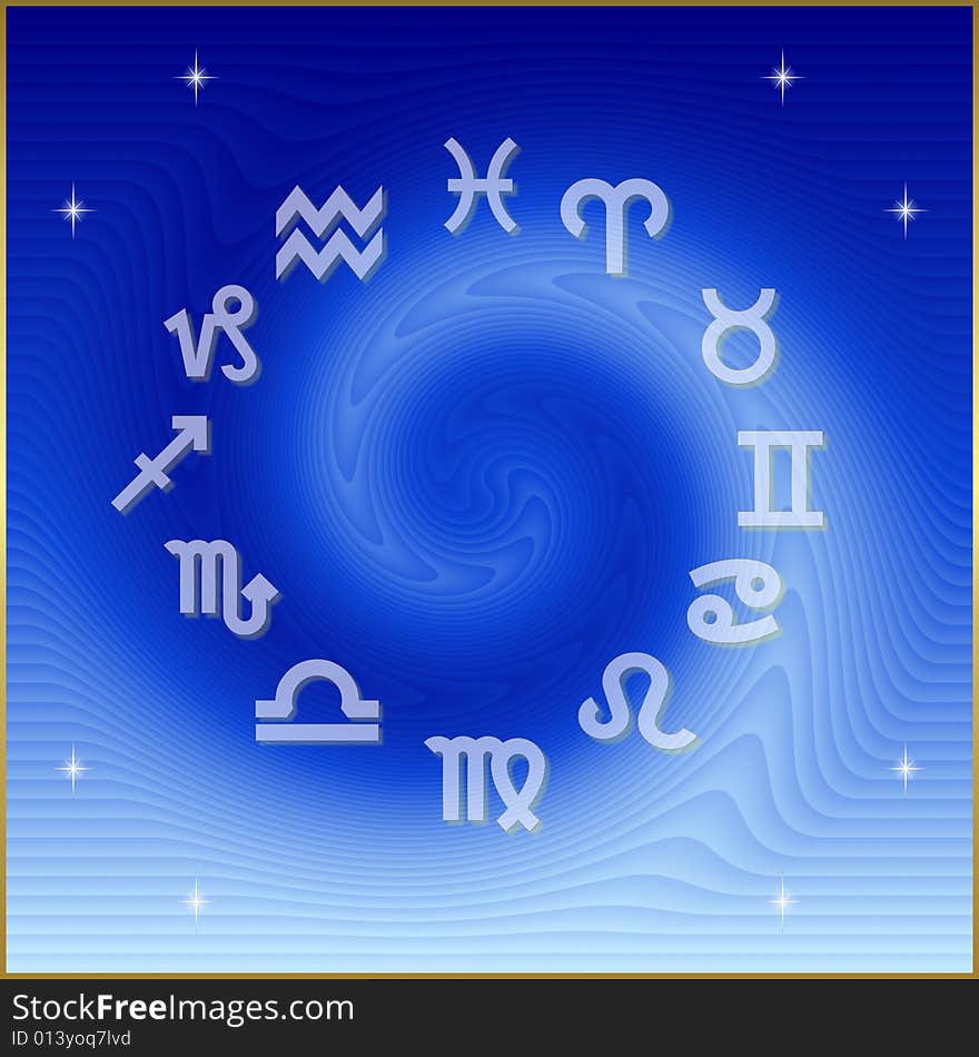 Zodiacal wheel with blue whirl as background. Zodiacal wheel with blue whirl as background