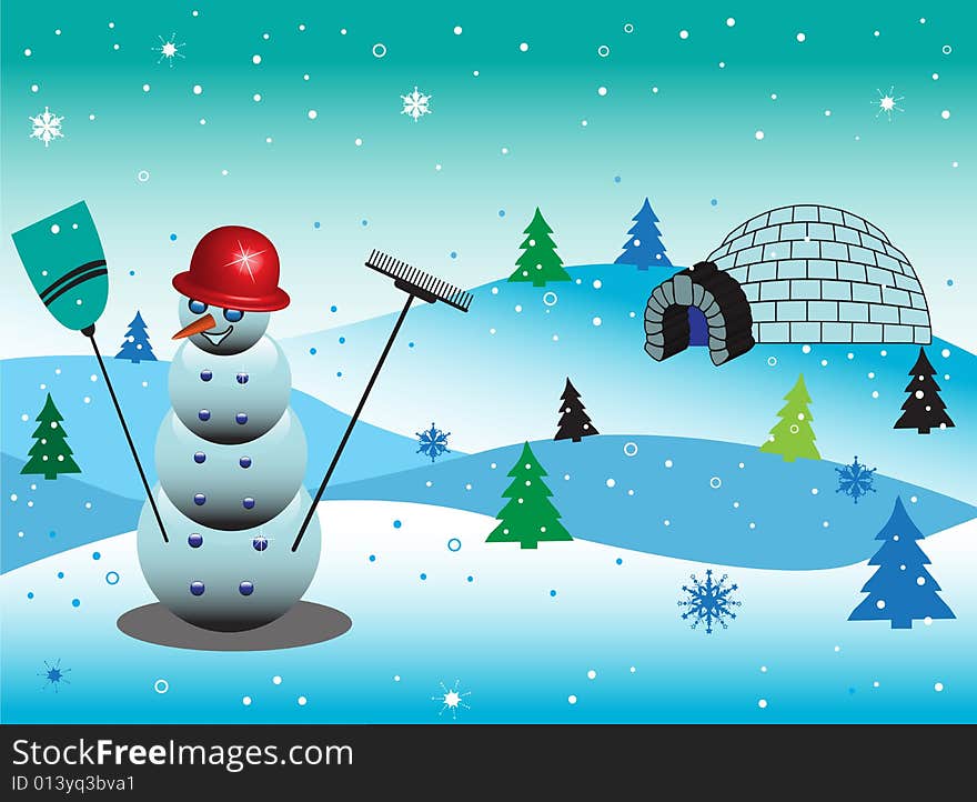 Abstract colored illustration with snowman wearing a red hat, colorful firs and igloo built on a hill. Abstract colored illustration with snowman wearing a red hat, colorful firs and igloo built on a hill