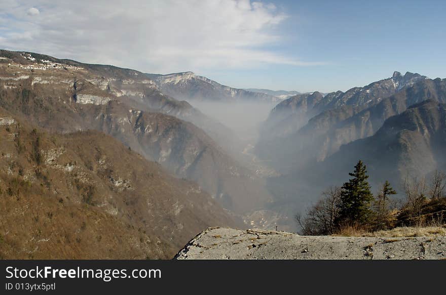 Panoramic view of mountains, sunny day