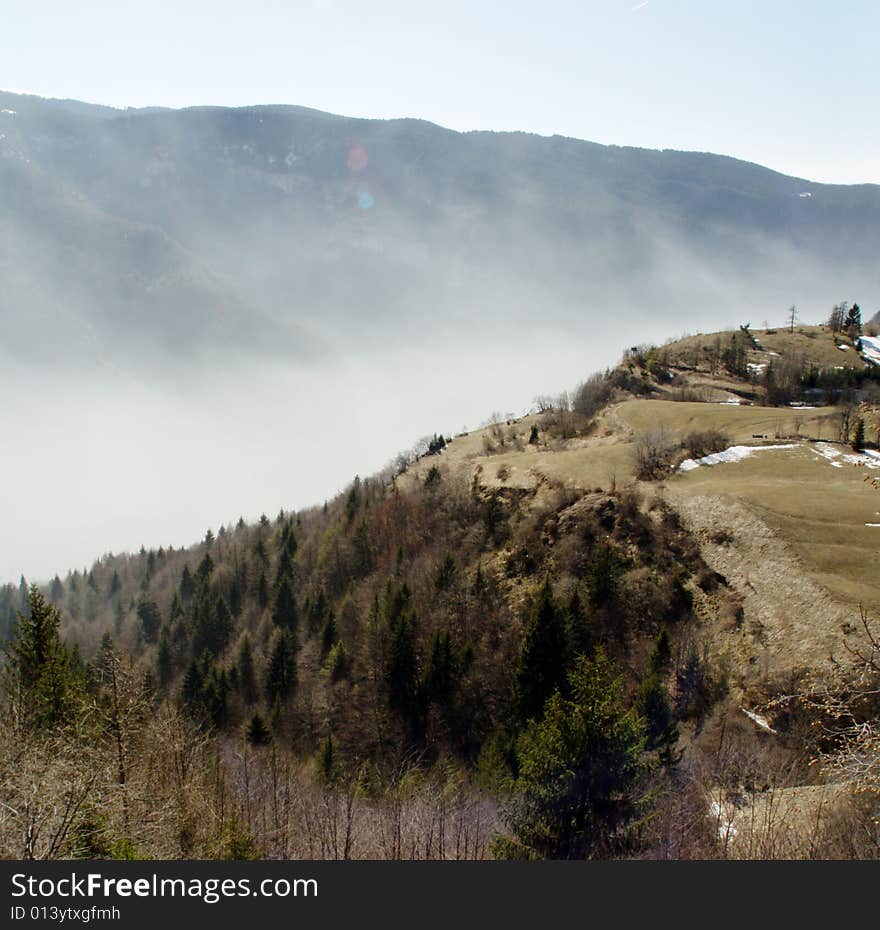 Panoramic view of mountains, foggy day. Panoramic view of mountains, foggy day