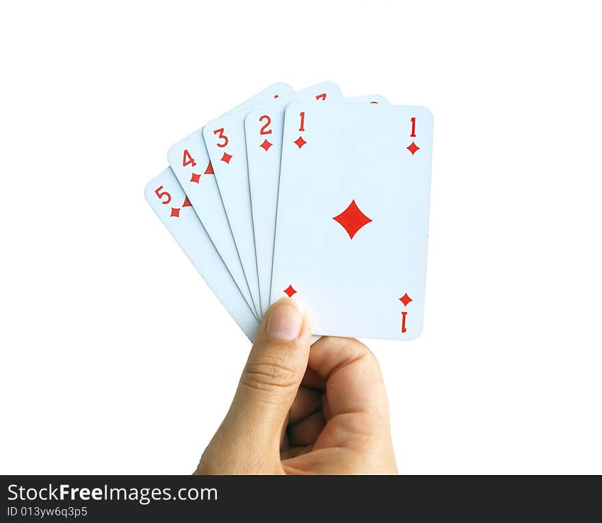 Close up of a hand holding 5 playing cards, ace to five of diamonds, on a white background. Close up of a hand holding 5 playing cards, ace to five of diamonds, on a white background.