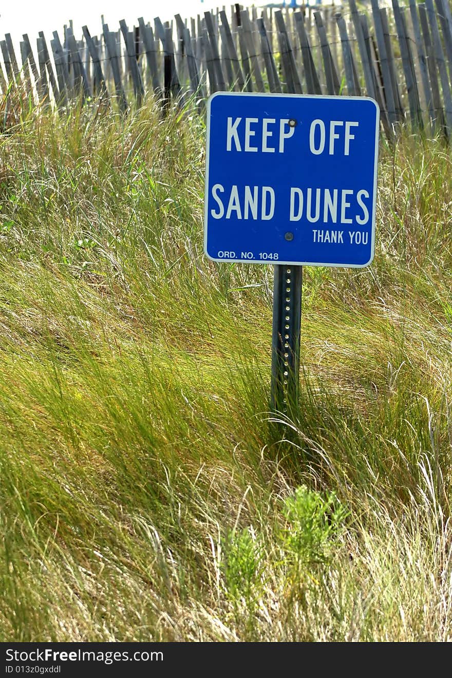 A blue sign reading keep off sand dunes stuck into a sand dune covered with windswept marram grass, with a wooden picket fence behind it