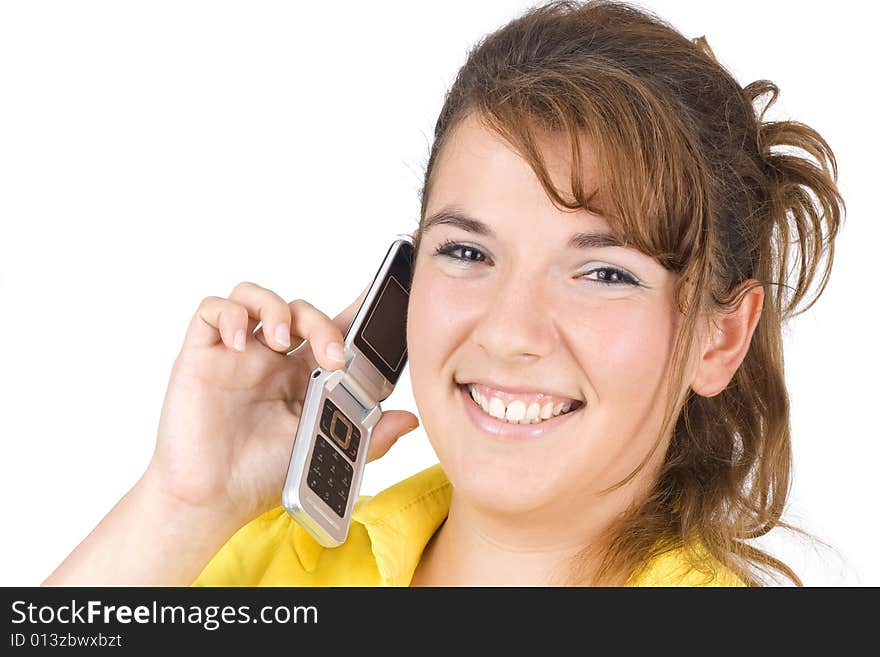 Girl talking on the phone isolated on white background