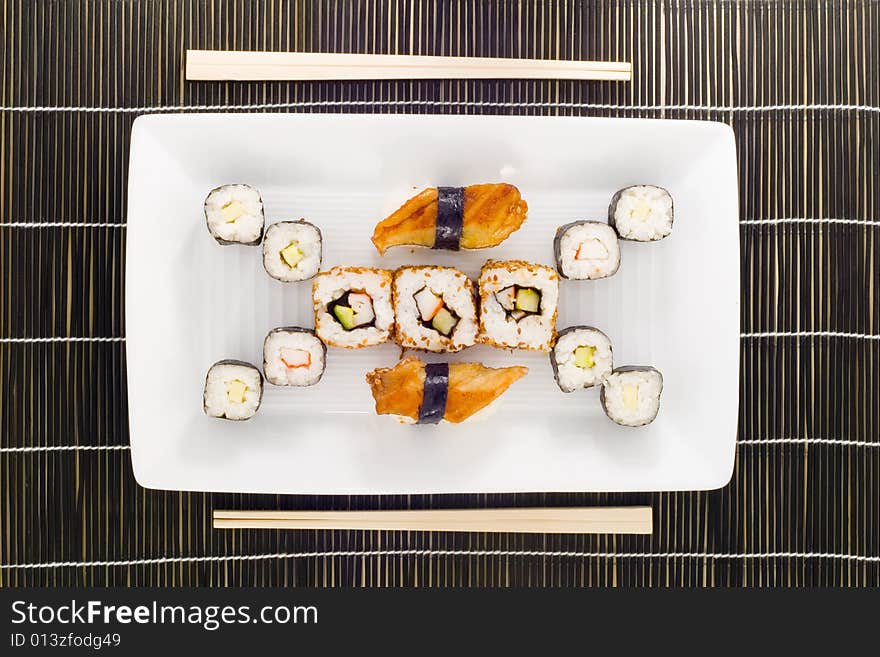 A plate with different kinds of sushi