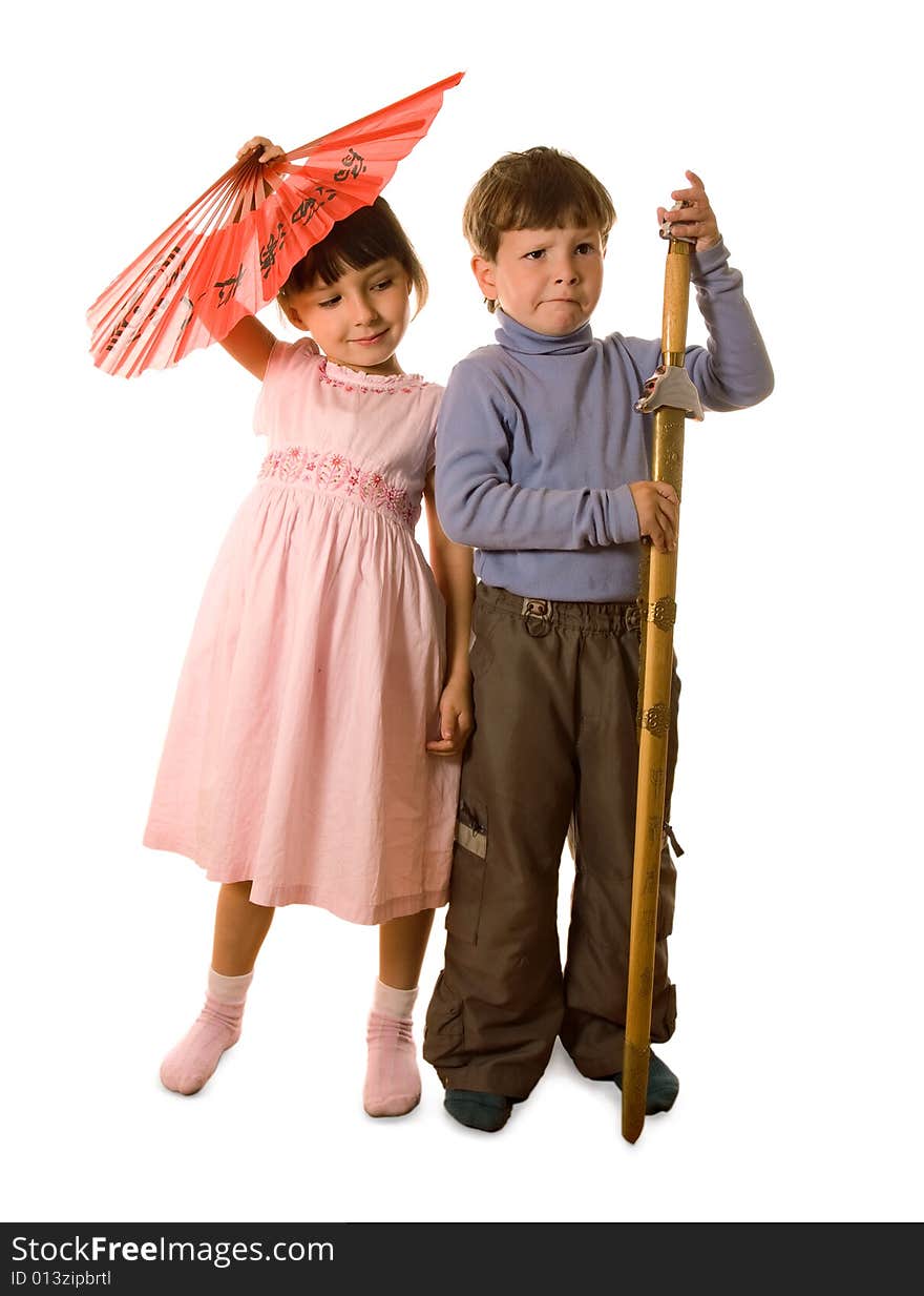 Boy with sword and girl with fan on white. Boy with sword and girl with fan on white