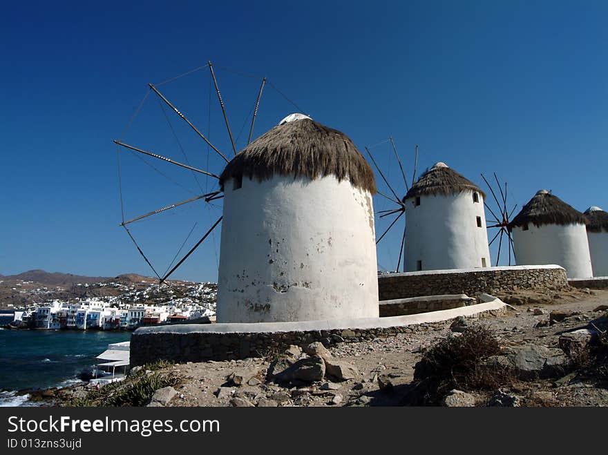 Three of the famous windmills in Mykonos island, Greece. Three of the famous windmills in Mykonos island, Greece