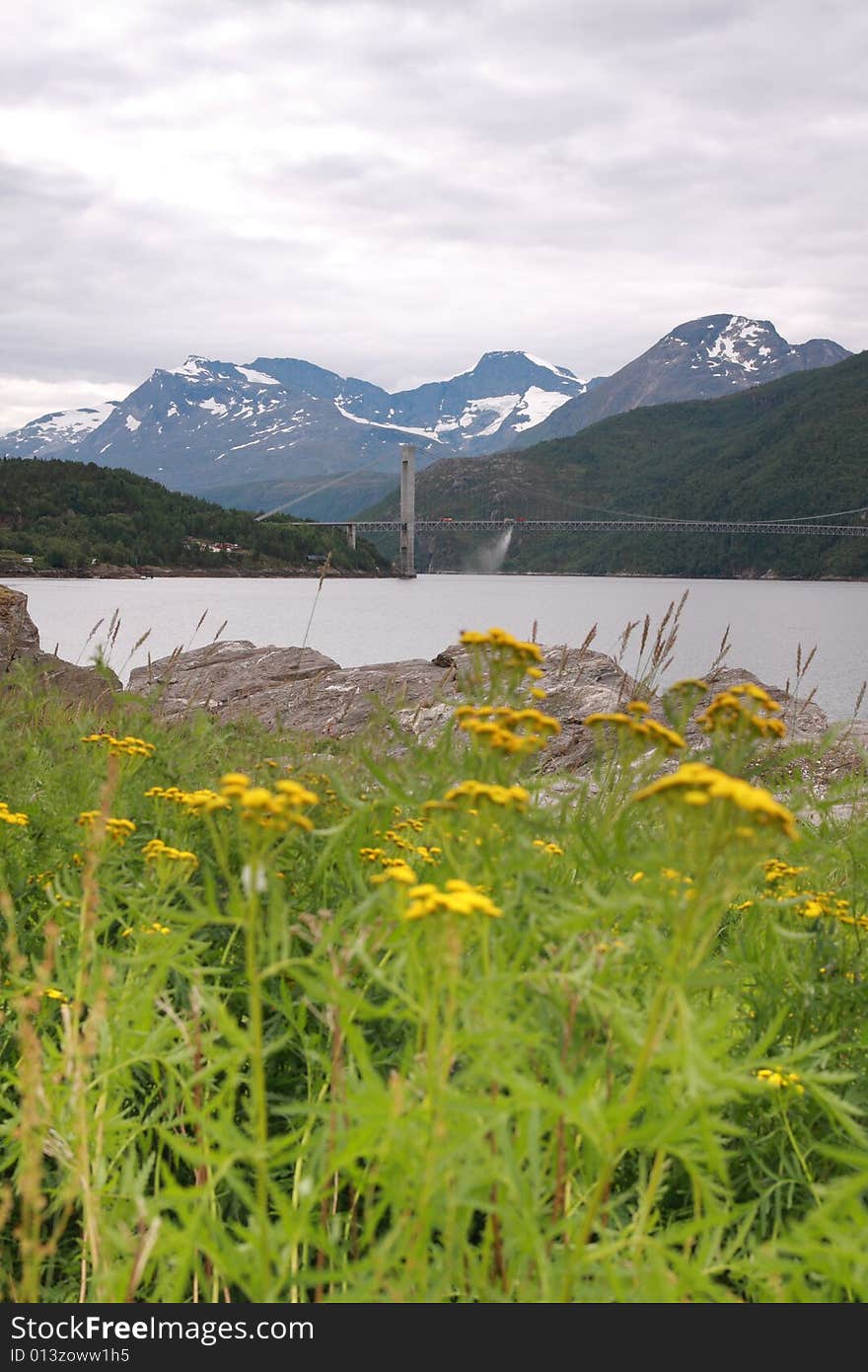 Norway landscape, fjord and mountains in the background