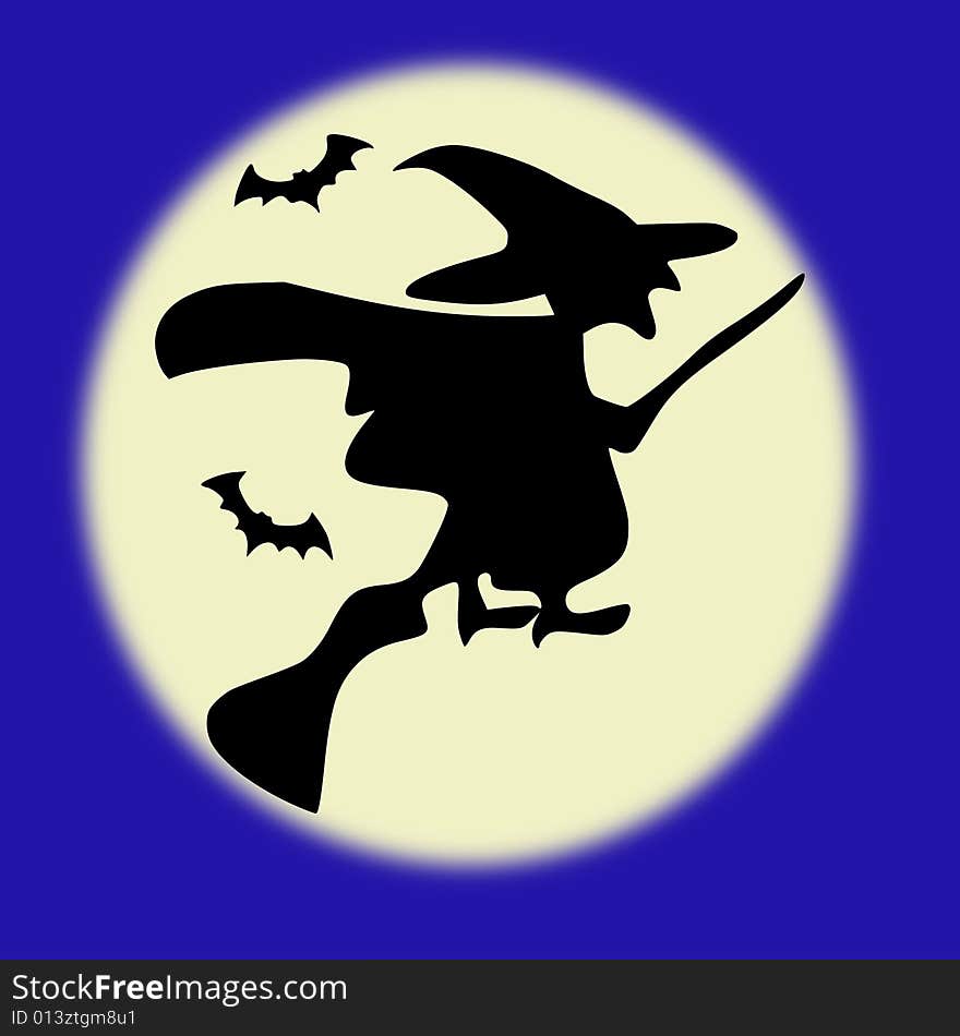 Silhouette of a Witch with a blur moon on a blue background