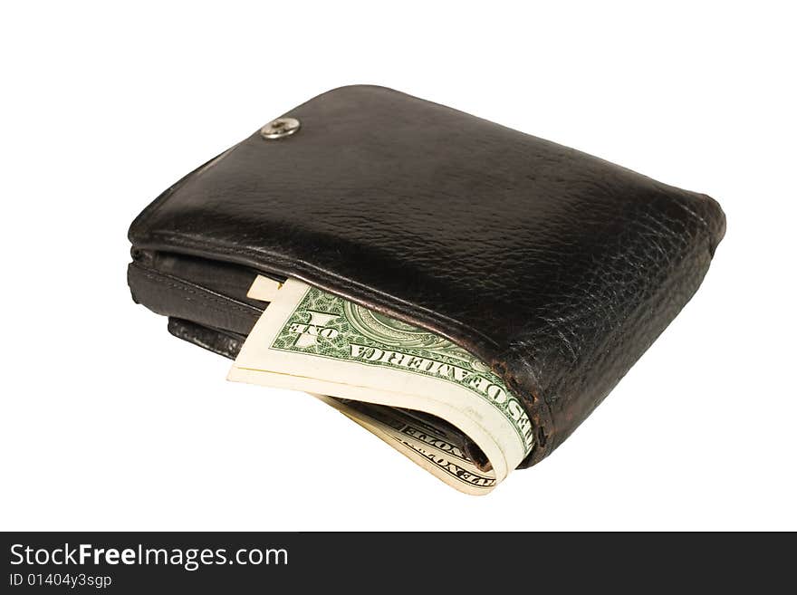 Dollar bills in an old black leather wallet (isolated on white). Dollar bills in an old black leather wallet (isolated on white)