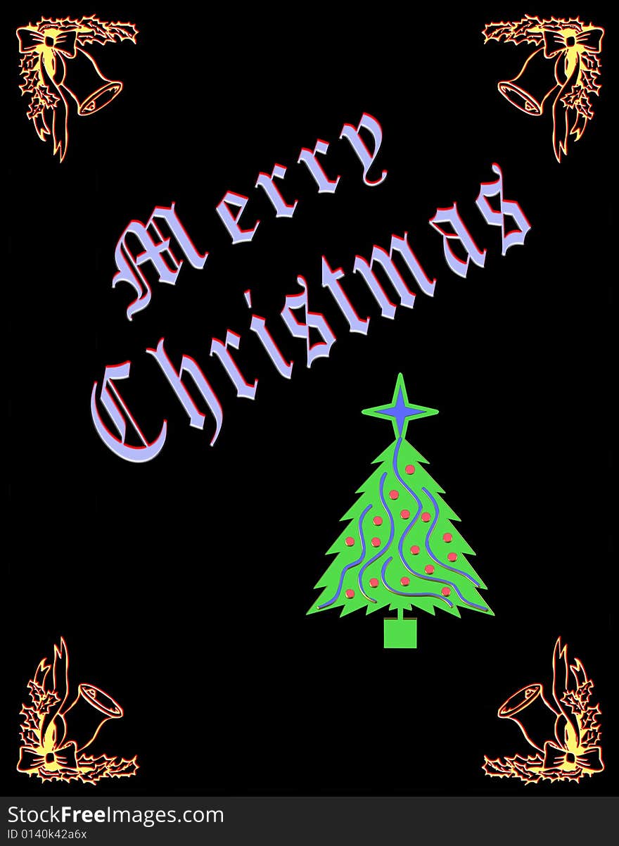 Christmas card with Christmas symbols and written merry christmas