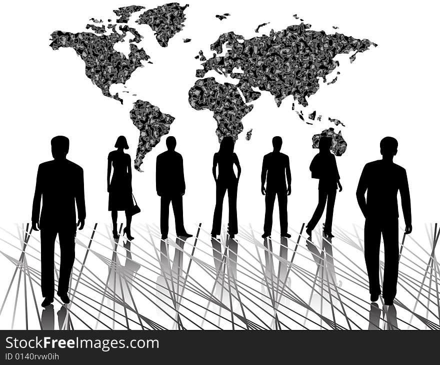 Illustration of business people and map