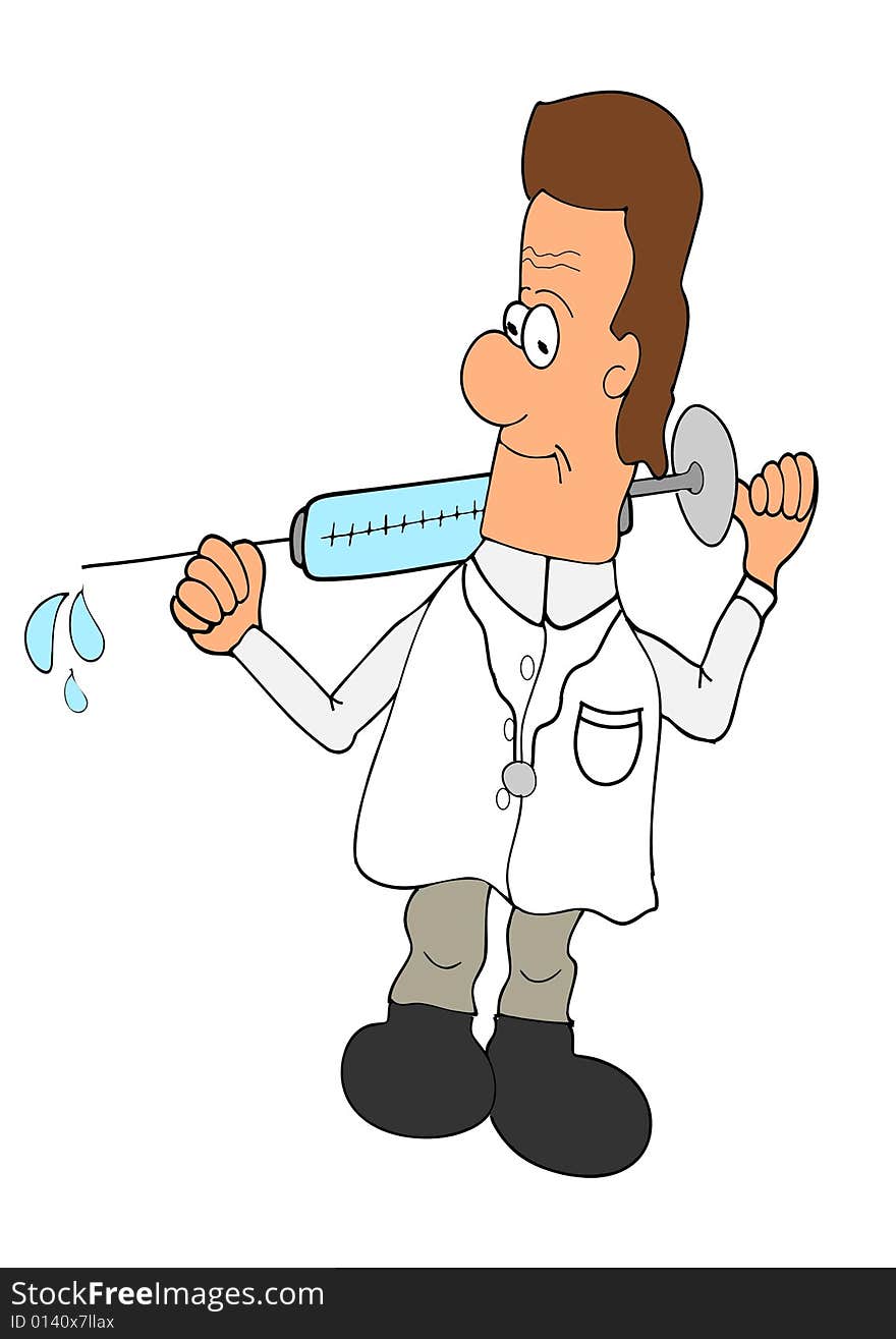 This illustration depicts a doctor with an enormous injector