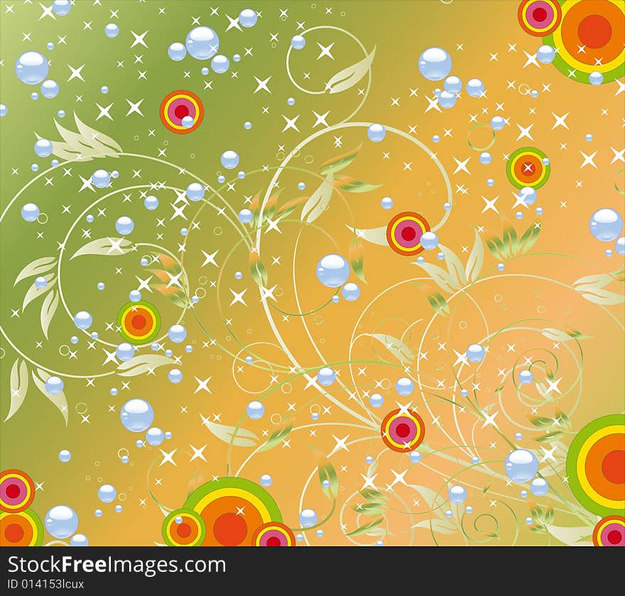 Illustration with flowers and color circles and bubbles. Illustration with flowers and color circles and bubbles