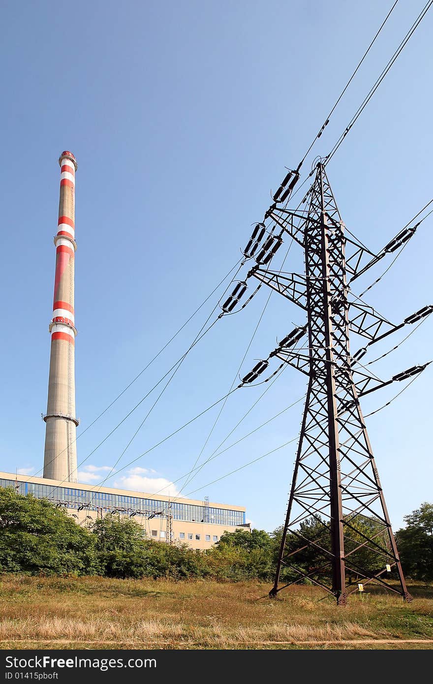 Transmission tower before heating plant