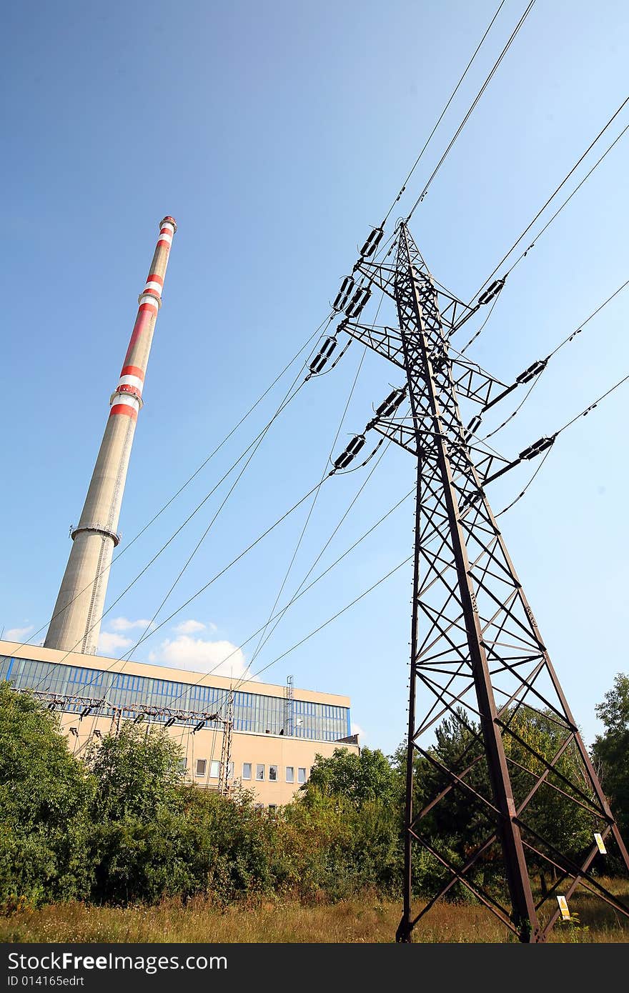 Transmission tower before heating plant