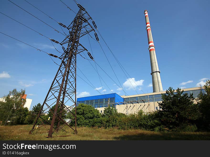 Transmission tower before heating plant