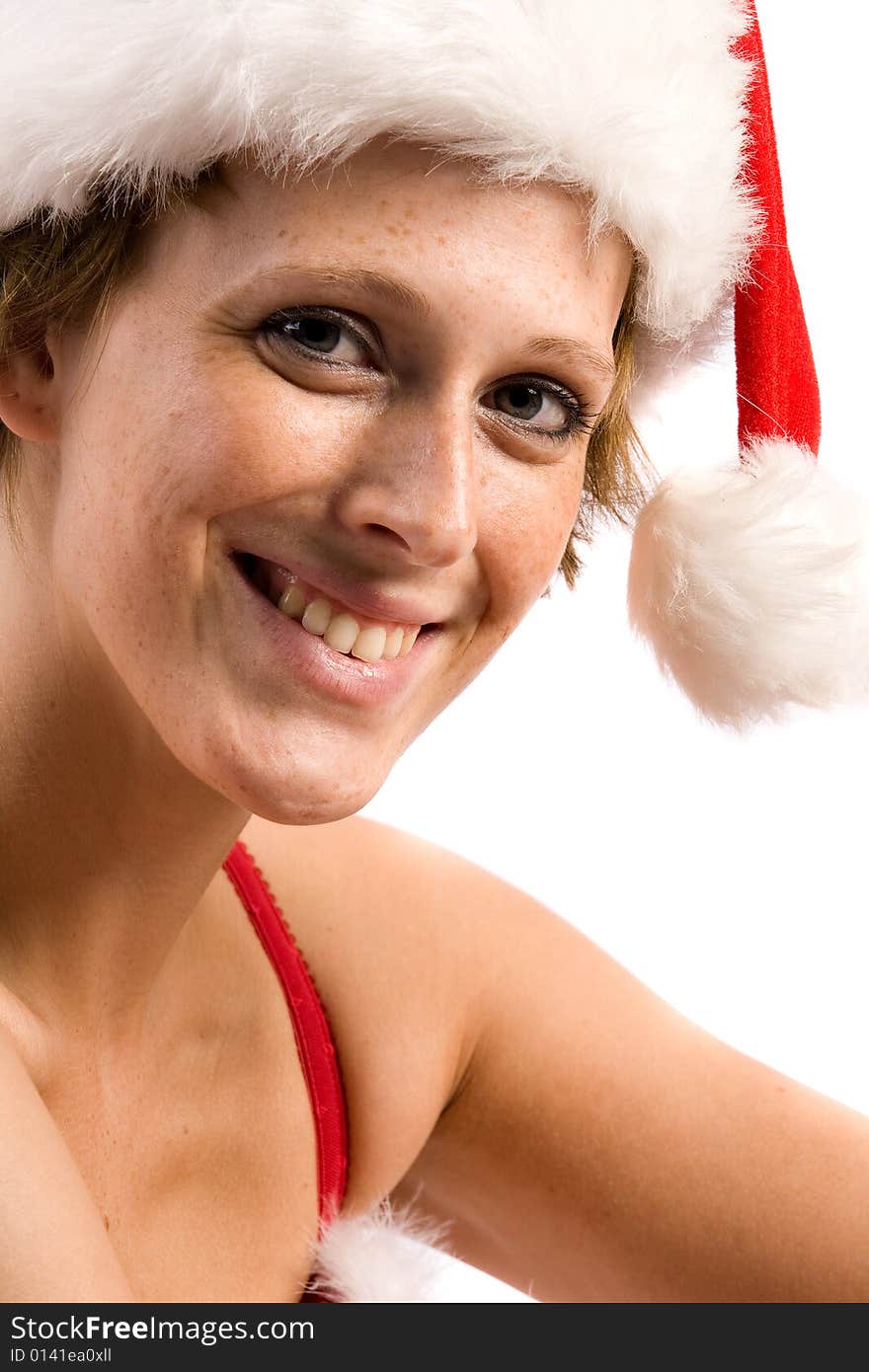 Studio portrait of blond Christmas girl smiling at you. Studio portrait of blond Christmas girl smiling at you