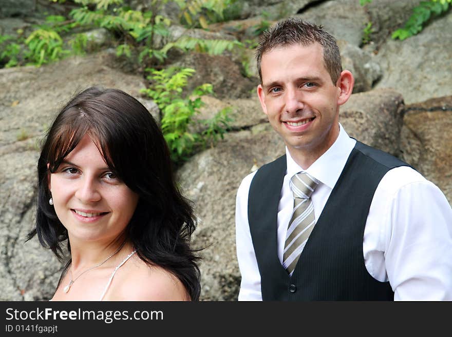 Happy young bride and groom on their wedding day.