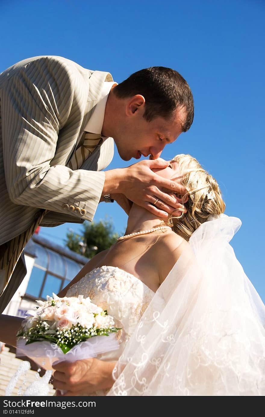 Young bride and groom kissing outdoor. Young bride and groom kissing outdoor