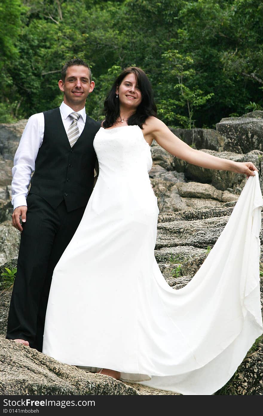 Happy bride and groom on their wedding day.