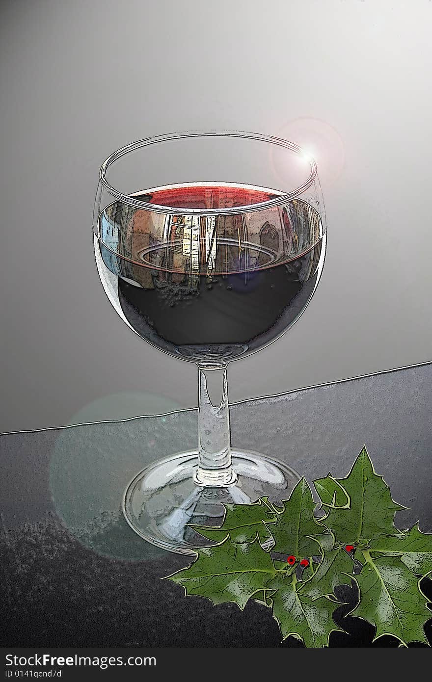 A digitally transformed wine glass with red wine on a surface with holly. A digitally transformed wine glass with red wine on a surface with holly