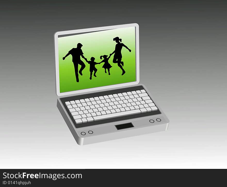 Happy family inside a computer screen. Happy family inside a computer screen