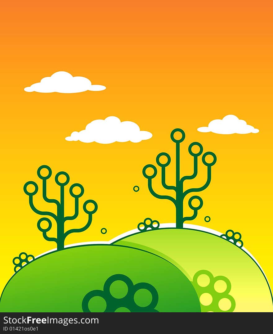 Green vector hills with abstract trees