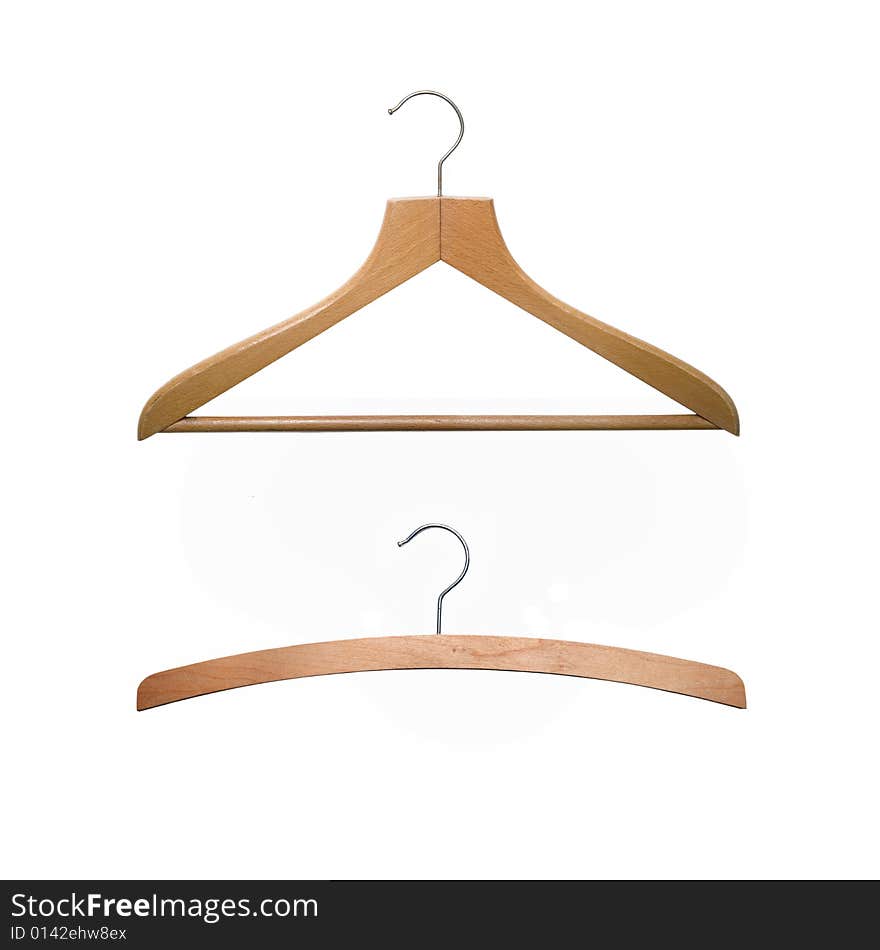 Two old-fashioned wooden hangers isolated on white