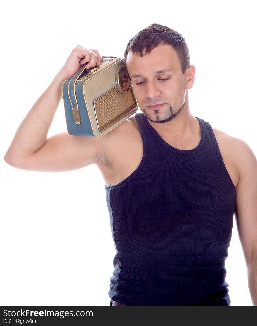 Male model holding old radio