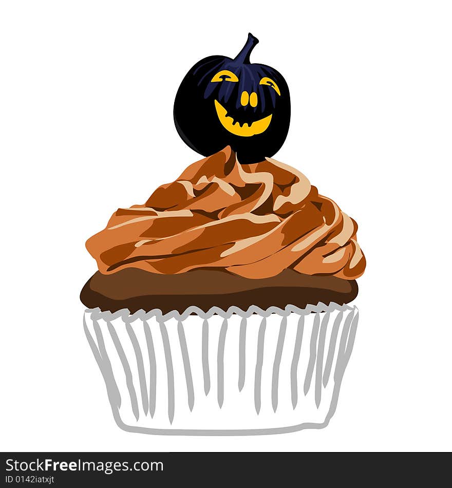 Illustration of halloween cupcake with Jack O'Lantern pumpkin candy on the top