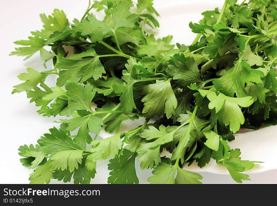 Sheaf of fresh parsley on plate