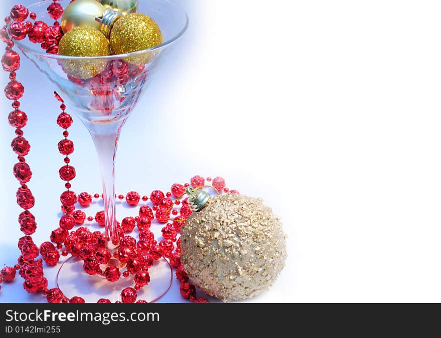 Christmas decoration - glass, ball and red garland. Christmas decoration - glass, ball and red garland