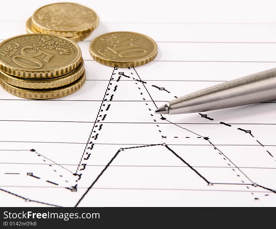 Money, pen and diagram chart, business and finance concept. Money, pen and diagram chart, business and finance concept