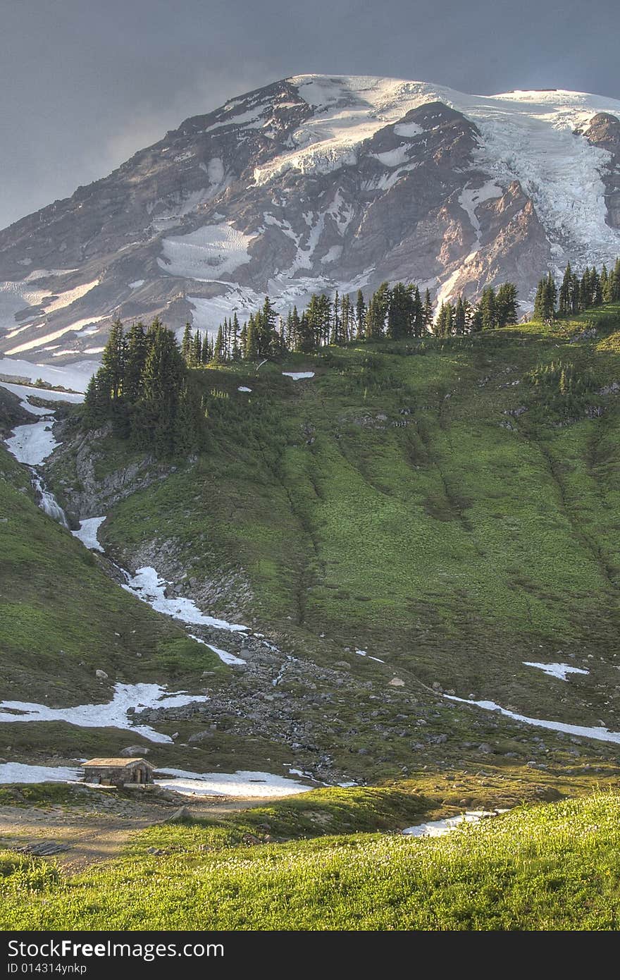 Mountain cabin provide shelter to Mt. Rainer mountain sojourners.