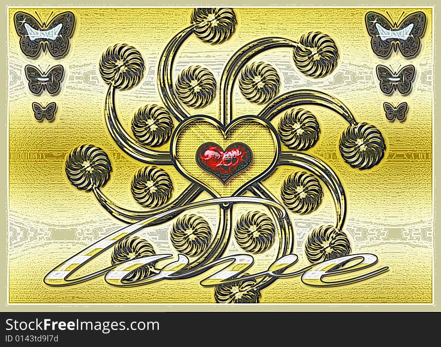 Great creative abstract colored bright rich textured image emblem of love, in the form of a golden floral pattern, red heart and the inscription Love.