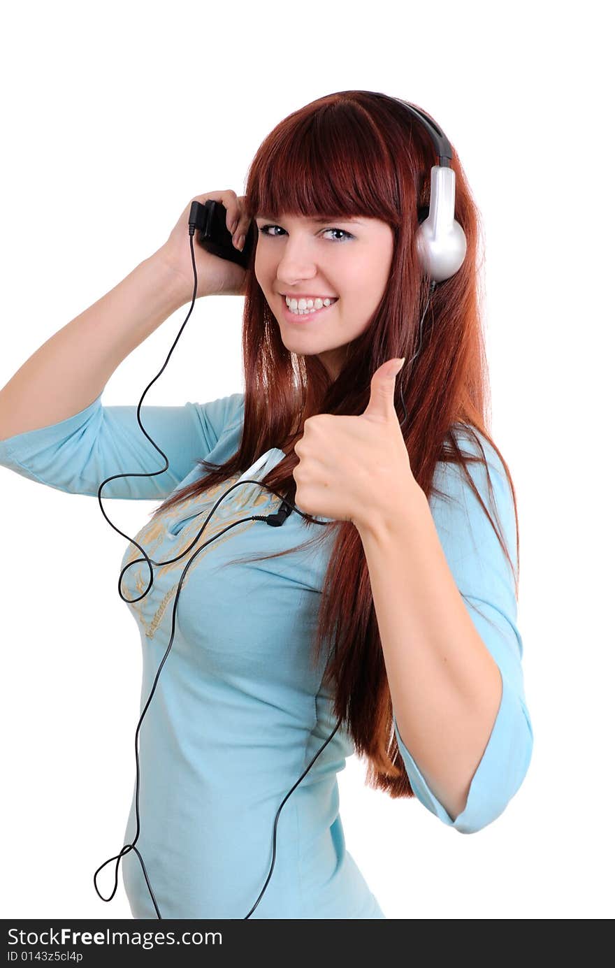 girl listens to music isolated on  white background